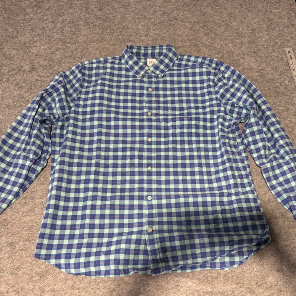 GAP Slim Fit Men's Long Sleeve Button‎ Down Shirt Blue Green Gingham Plaid XL